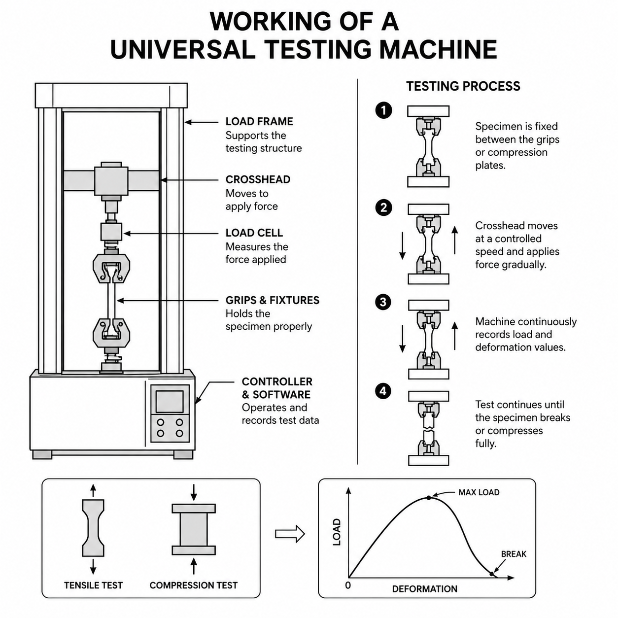 Core functions of UTM for tensile and compression analysis